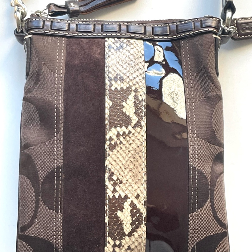 Coach Brown and Cream Crossbody Bag with Monogram Pattern and Leather Trim